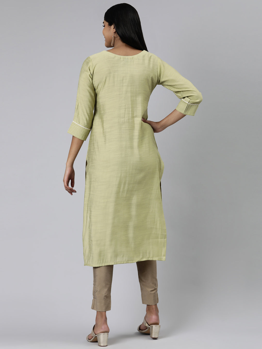 Neerus Green cotton chikankari kurti paisley embroidered - side view