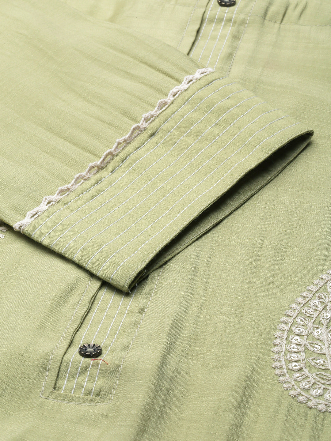 Neerus Green cotton chikankari kurti paisley embroidered - detail view 1