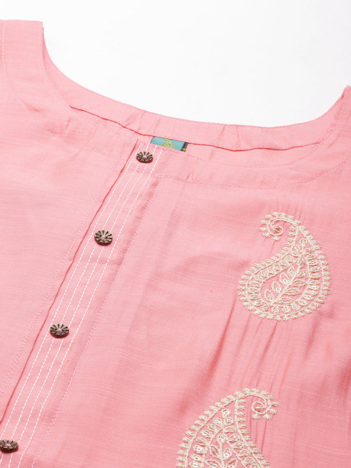 Neerus Pink cotton printed straight kurti - detail view 3