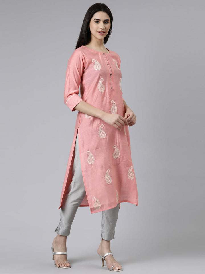 Neerus Pink cotton printed straight kurti - back view