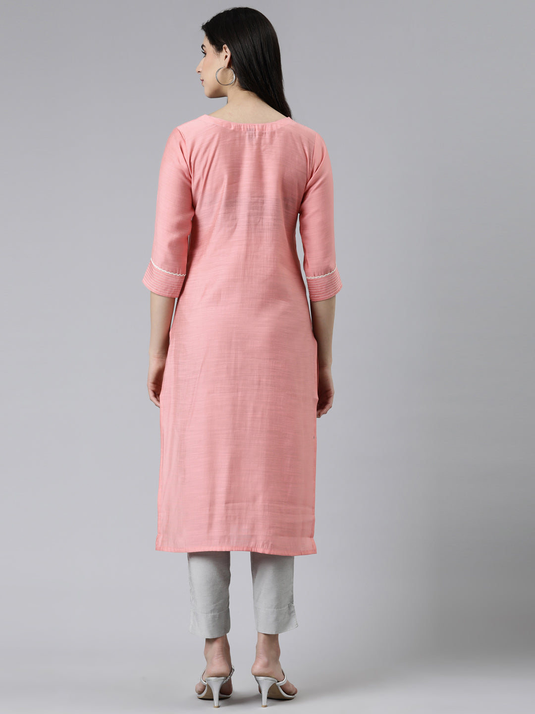 Neerus Pink cotton printed straight kurti - side view