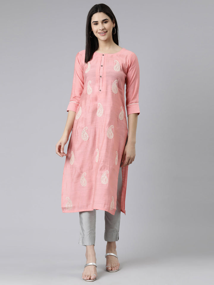 Neerus Pink cotton printed straight kurti - front view