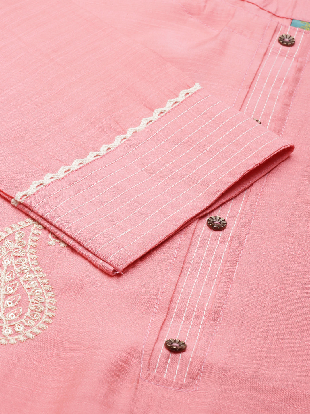 Neerus Pink cotton printed straight kurti - detail view 2