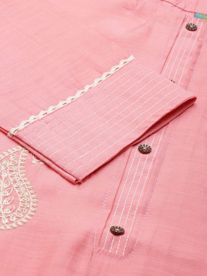 Neerus Pink cotton printed straight kurti - detail view 2