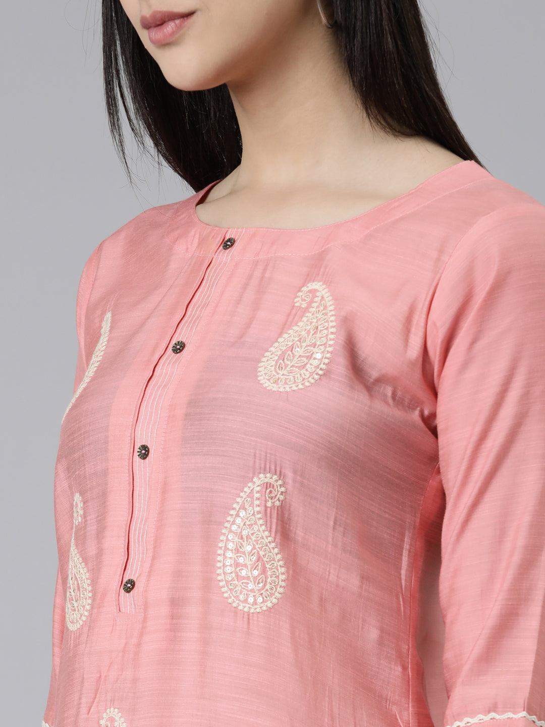 Neerus Pink cotton printed straight kurti - detail view 1