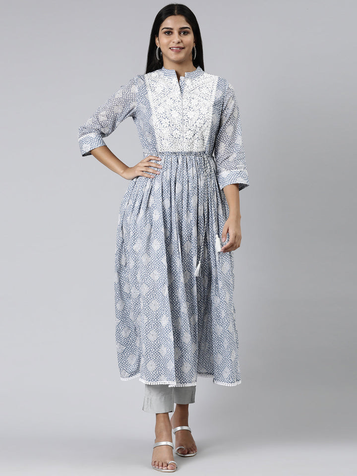 Neerus Blue cotton printed straight kurti - front view