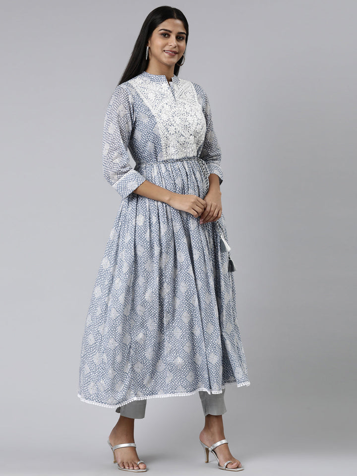 Neerus Blue cotton printed straight kurti - back view