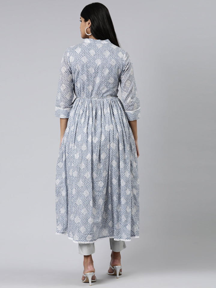 Neerus Blue cotton printed straight kurti - side view