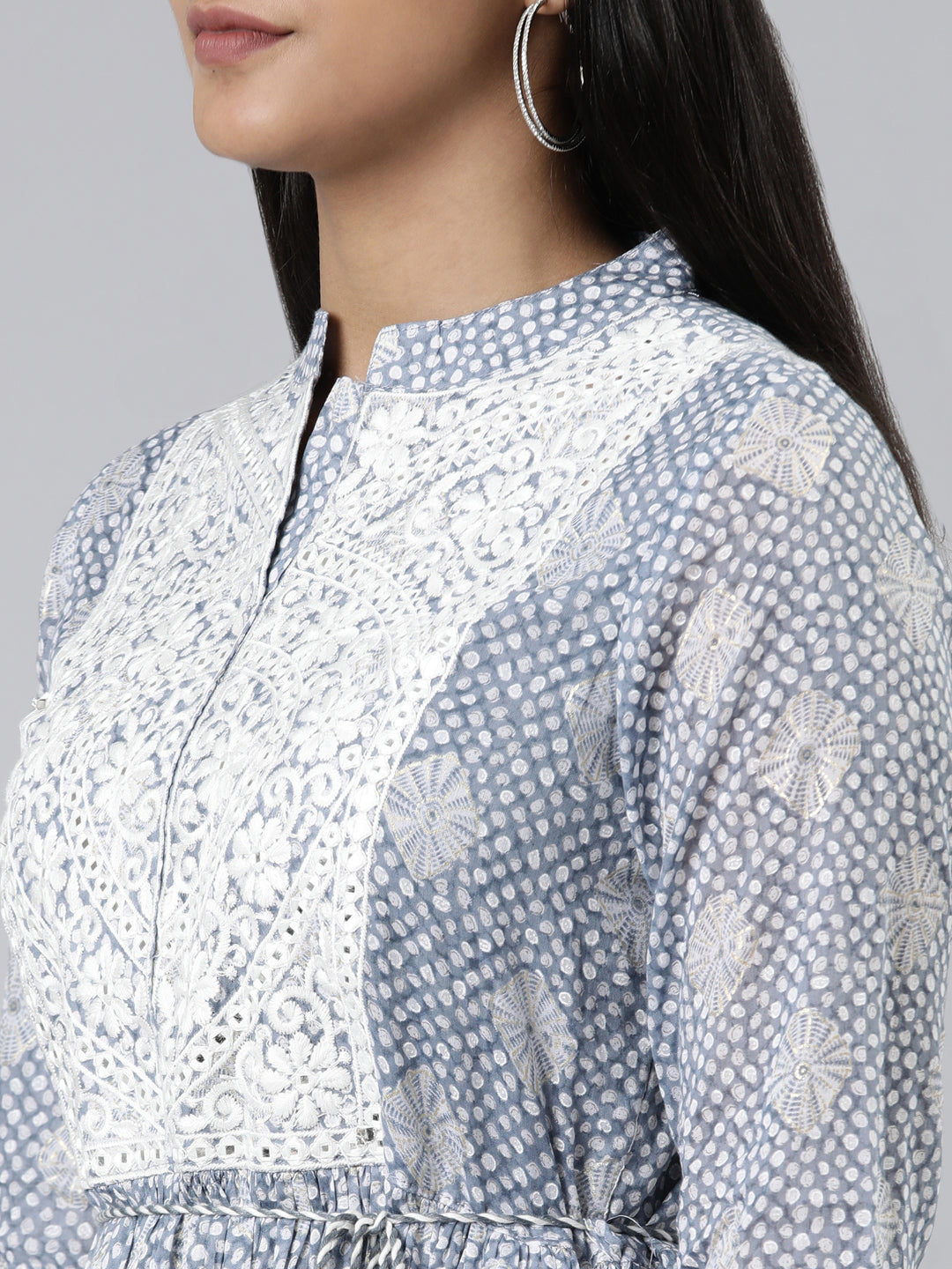 Neerus Blue cotton printed straight kurti - detail view 2