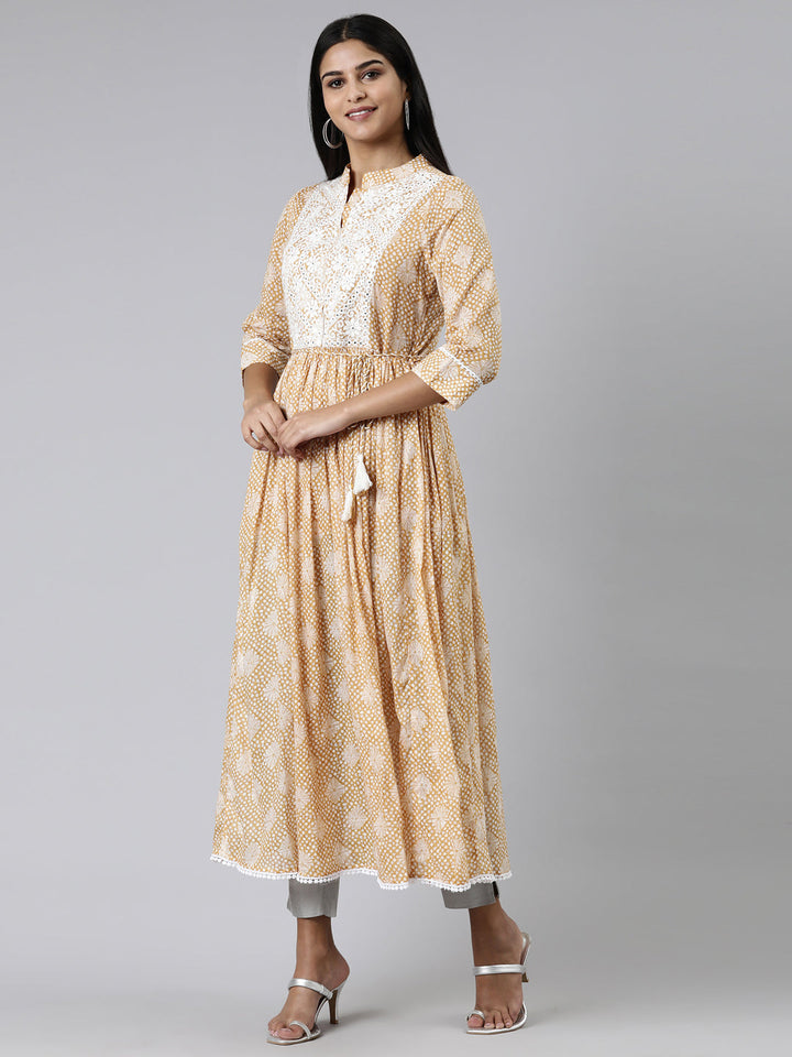 Neerus Yellow cotton printed straight kurti - back view