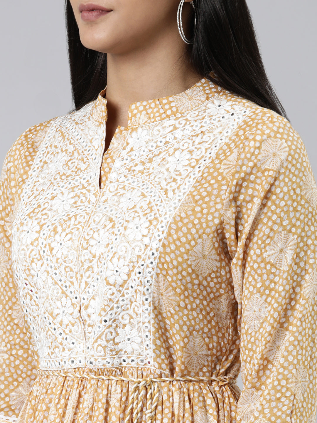 Neerus Yellow cotton printed straight kurti - detail view 2