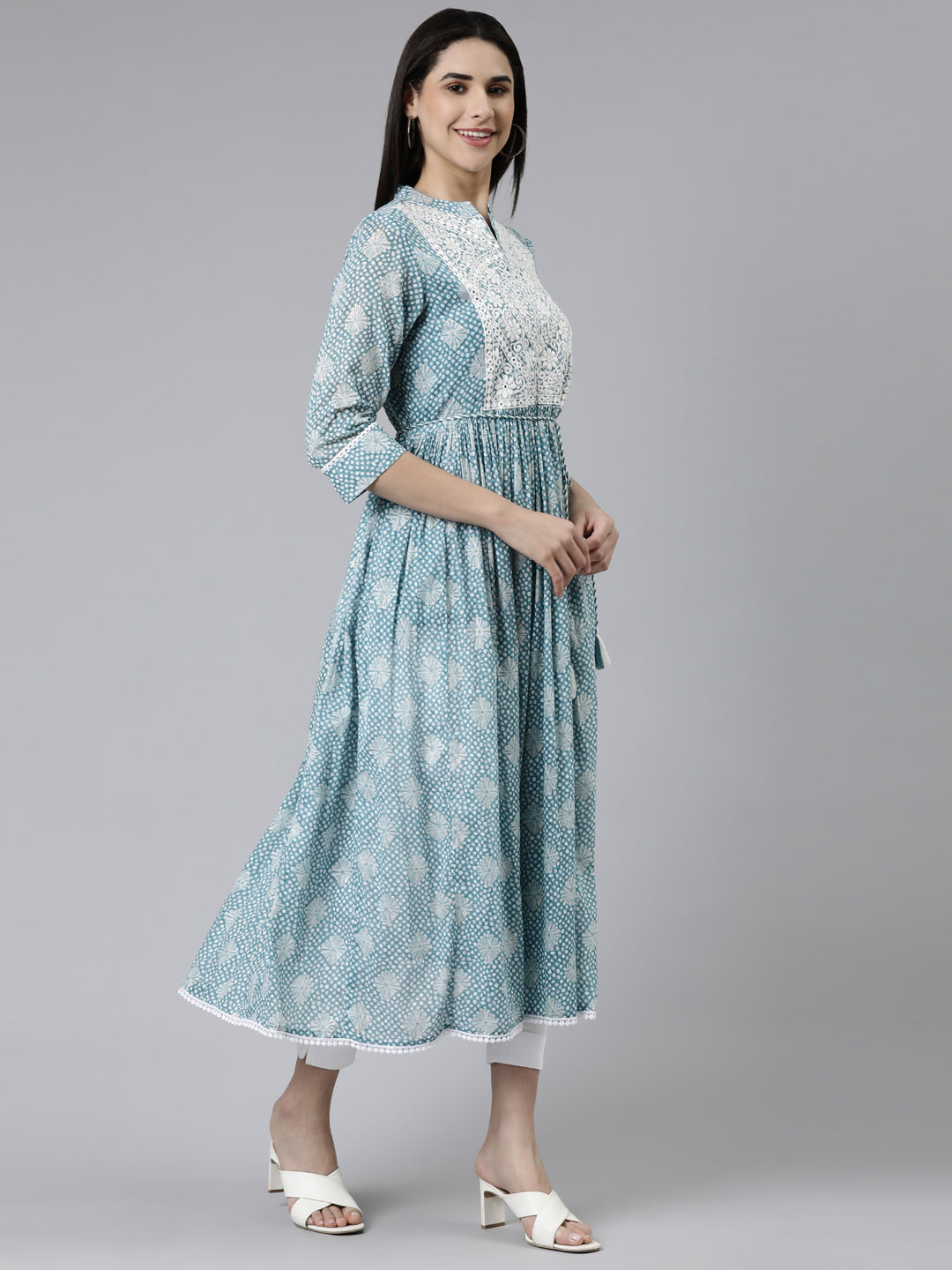 Neerus Green cotton printed straight kurti - back view