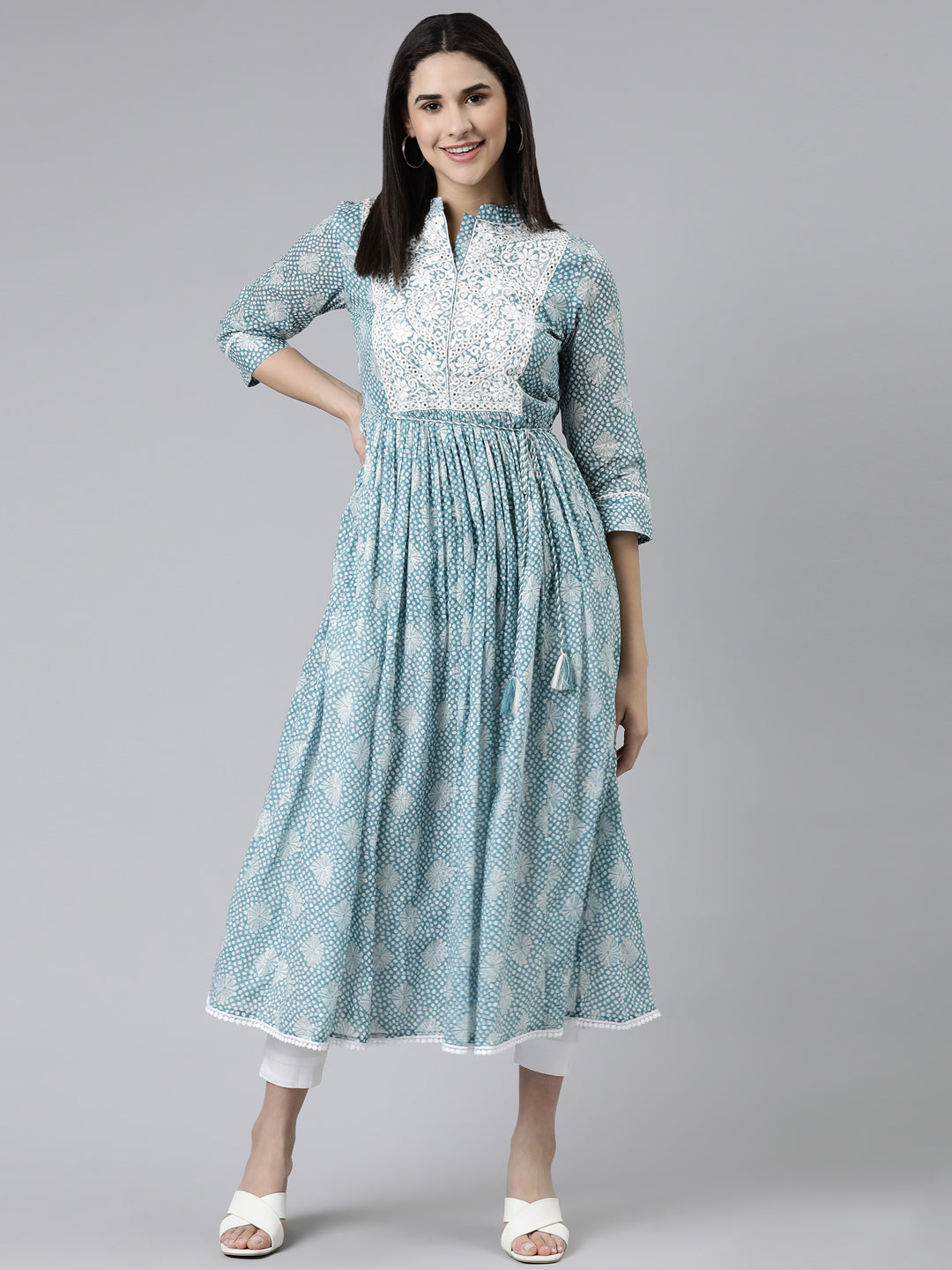 Neerus Green cotton printed straight kurti - front view