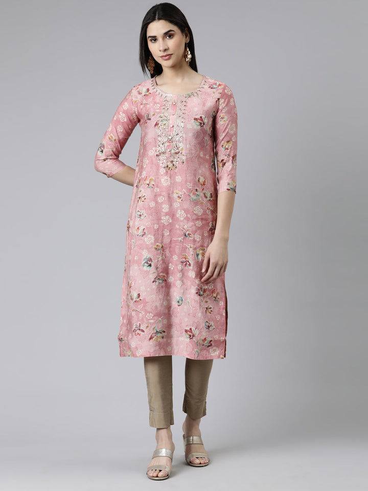 Neerus Pink cotton printed straight kurti - front view