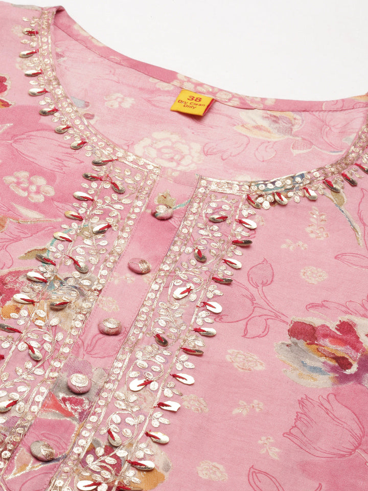 Neerus Pink cotton printed straight kurti - detail view 2