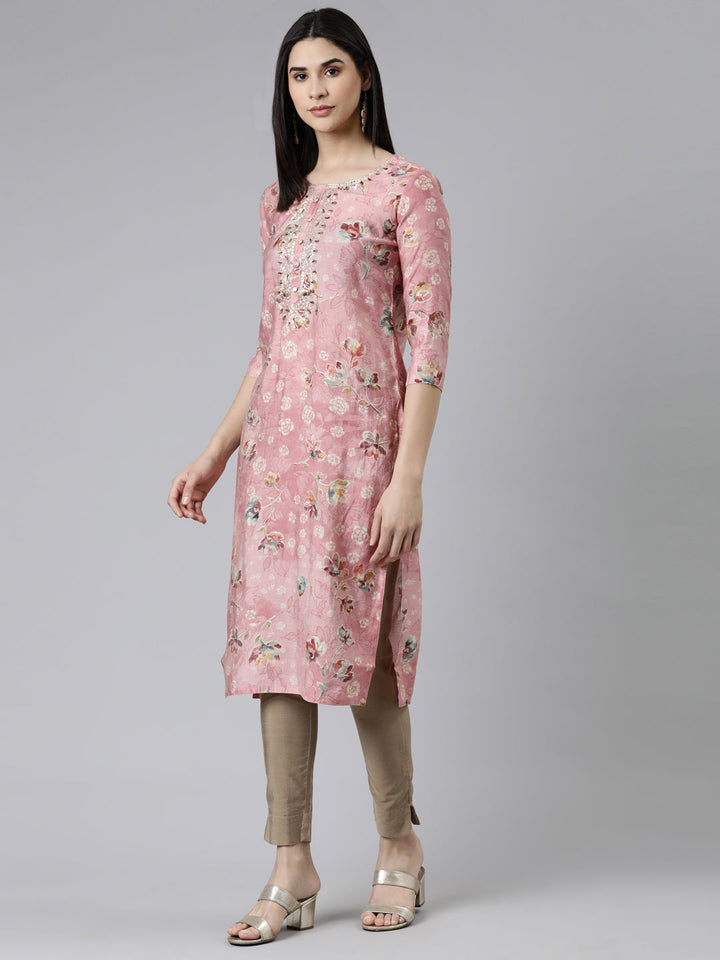 Neerus Pink cotton printed straight kurti - back view