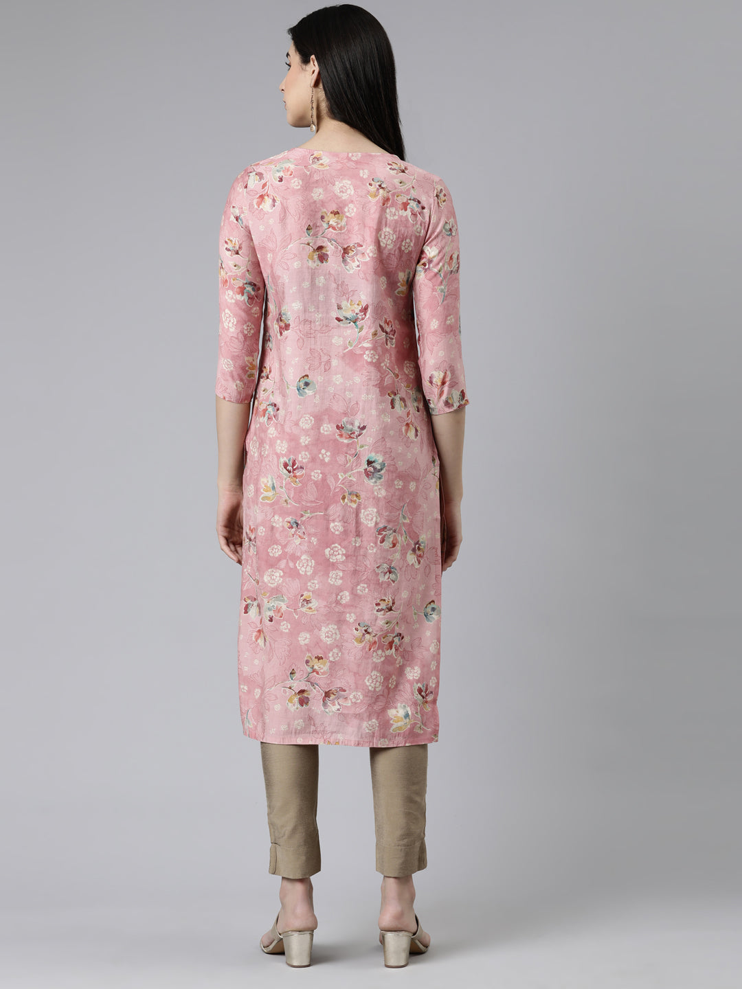 Neerus Pink cotton printed straight kurti - side view