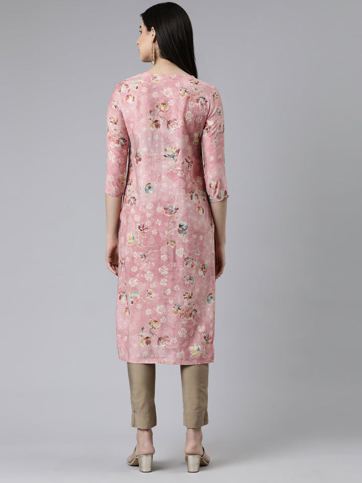 Neerus Pink cotton printed straight kurti - side view