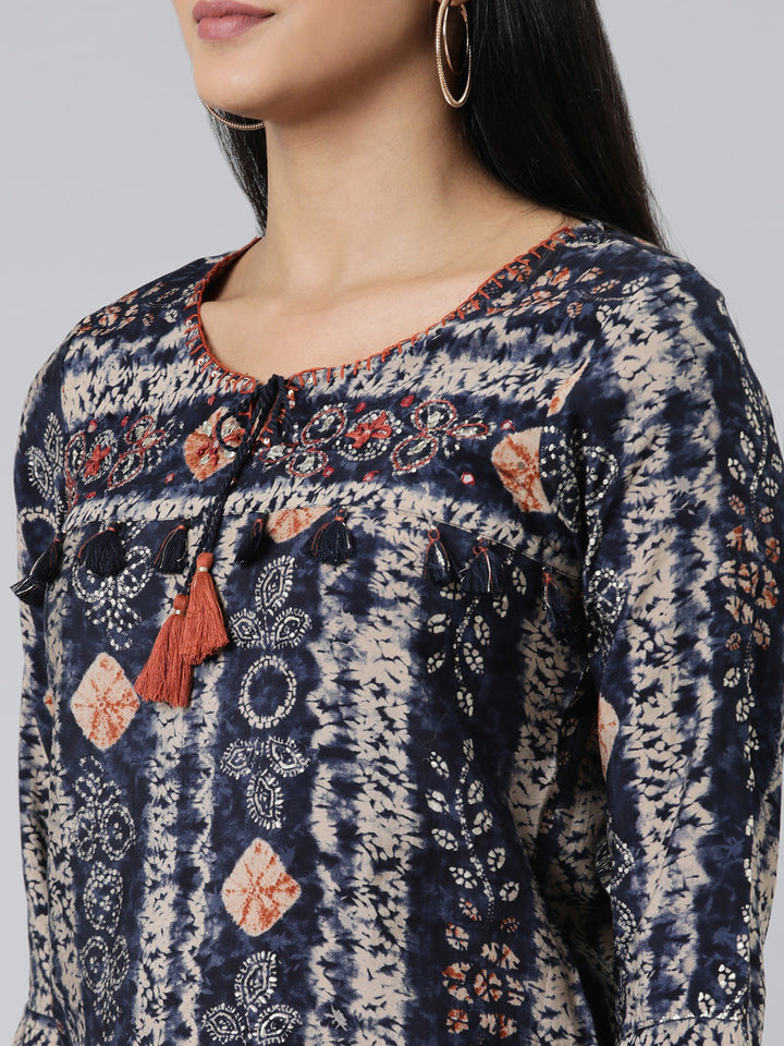 Neerus Blue Viscose Rayon Printed Kurta Set - detail view 1