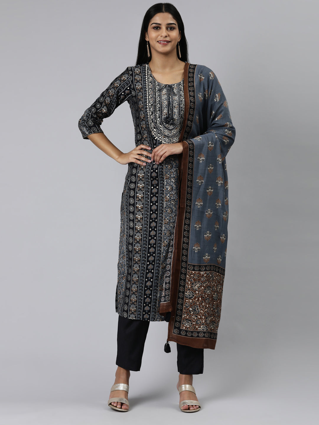 Neerus Blue printed kurta set with trouser and dupatta - front view