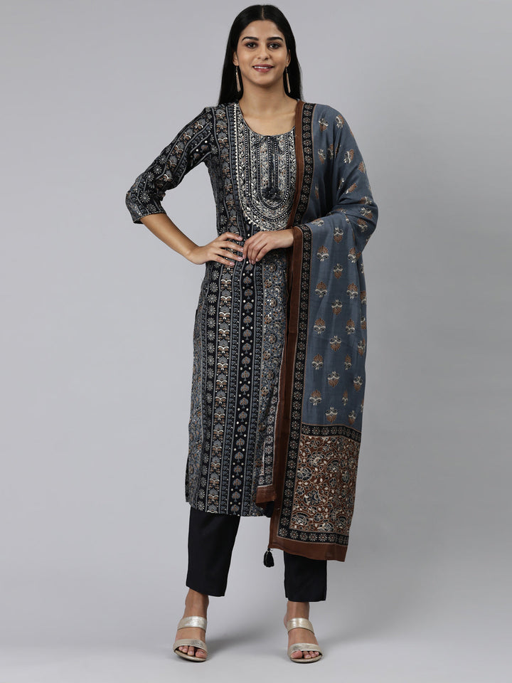 Neerus Blue printed kurta set with trouser and dupatta - front view