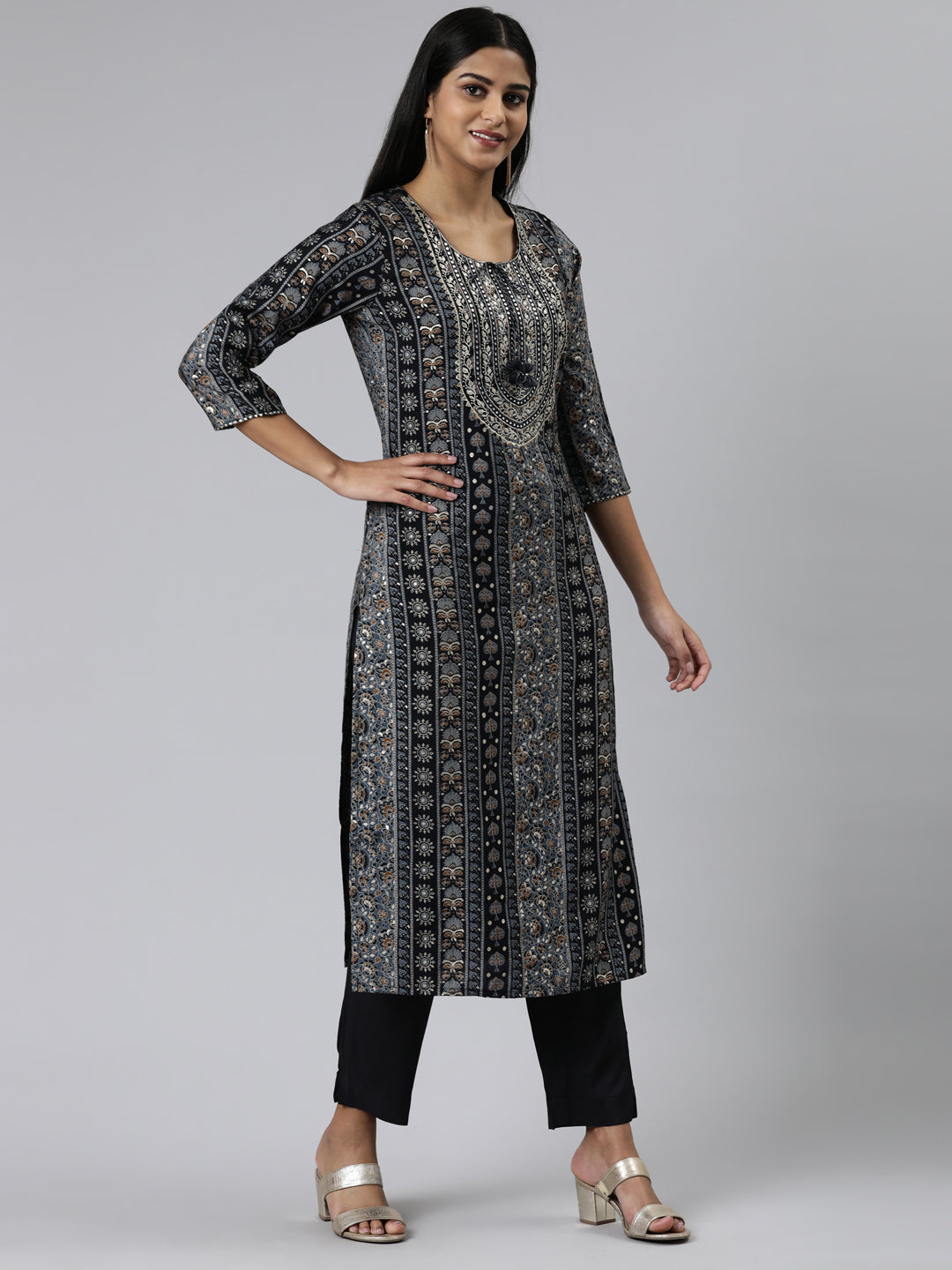 Neerus Blue printed kurta set with trouser and dupatta - back view