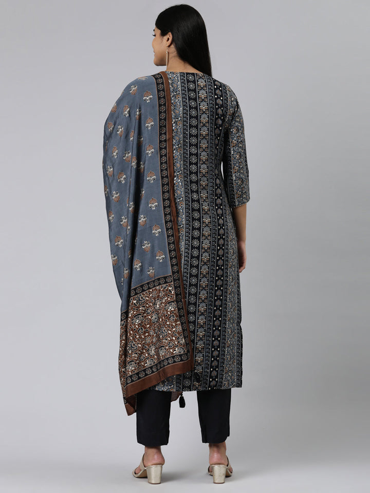 Neerus Blue printed kurta set with trouser and dupatta - side view