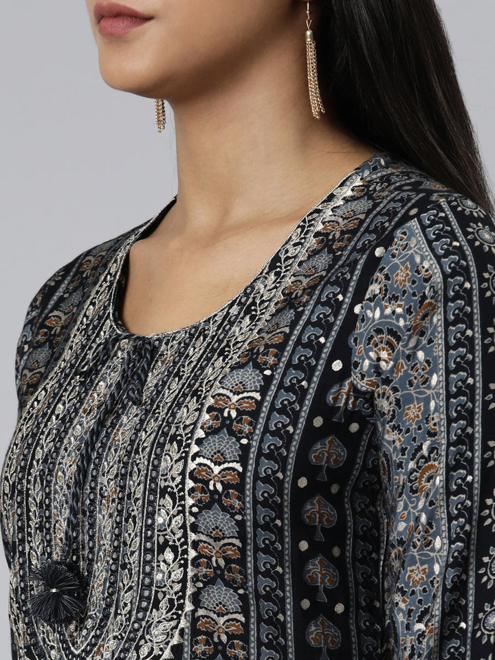 Neerus Blue printed kurta set with trouser and dupatta - detail view 1