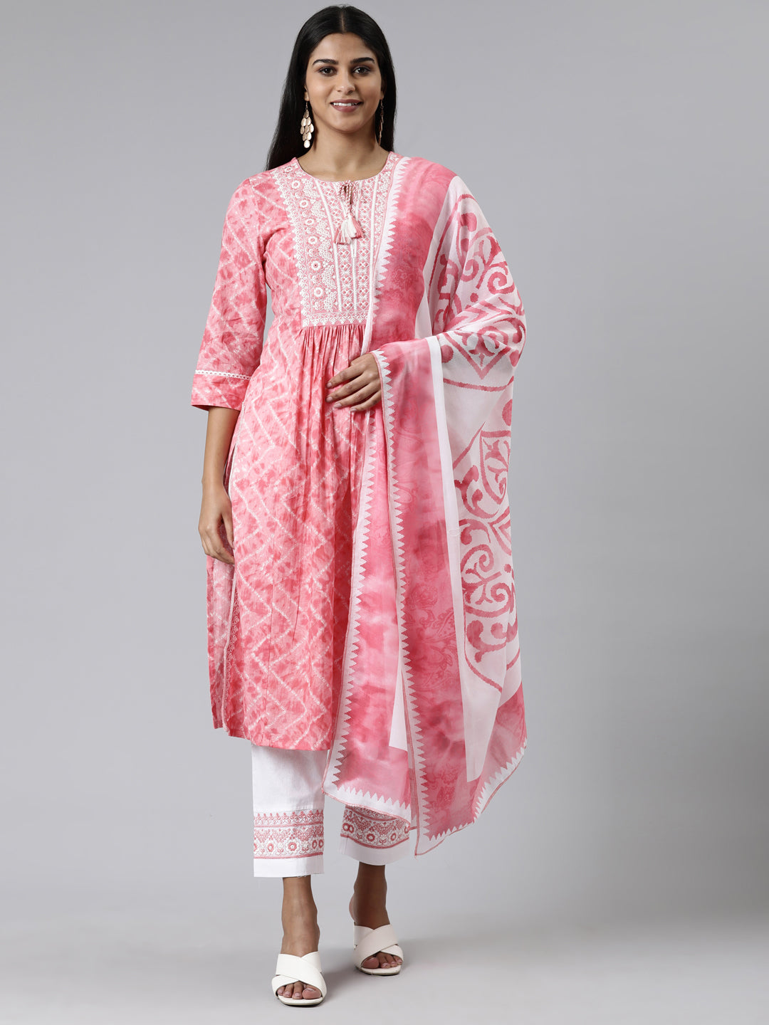 Neerus Pink cotton printed kurta set with trouser and dupatta - front view