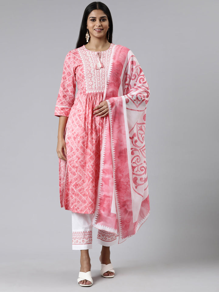 Neerus Pink cotton printed kurta set with trouser and dupatta - front view