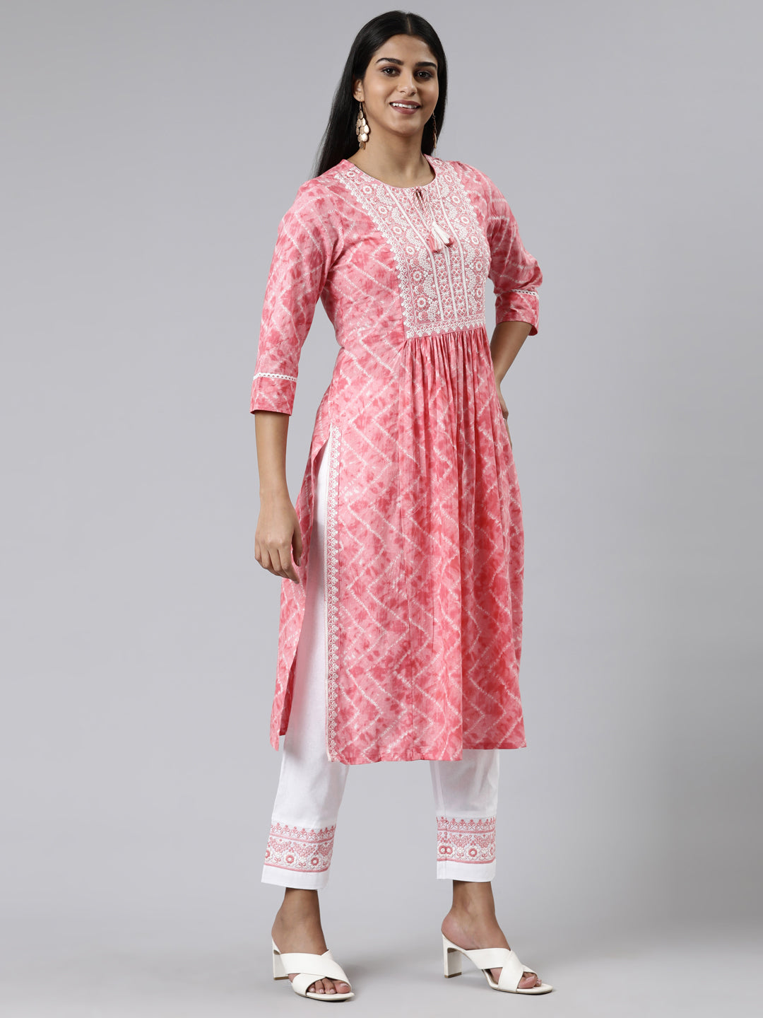 Neerus Pink cotton printed kurta set with trouser and dupatta - back view