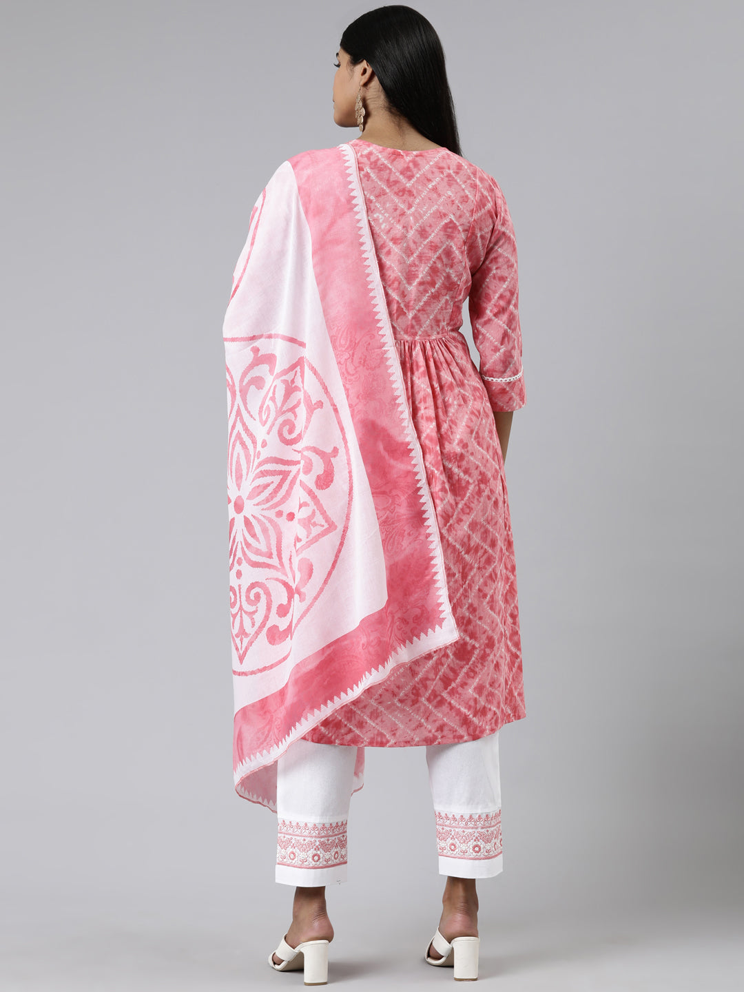 Neerus Pink cotton printed kurta set with trouser and dupatta - side view