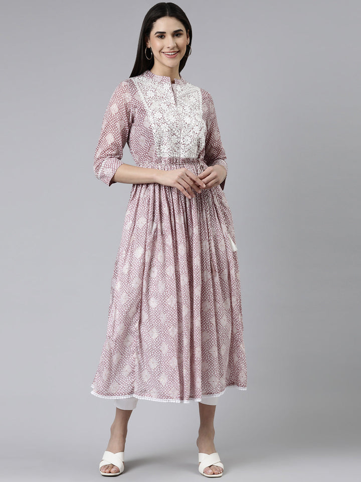 Neerus Purple cotton printed straight kurti - front view