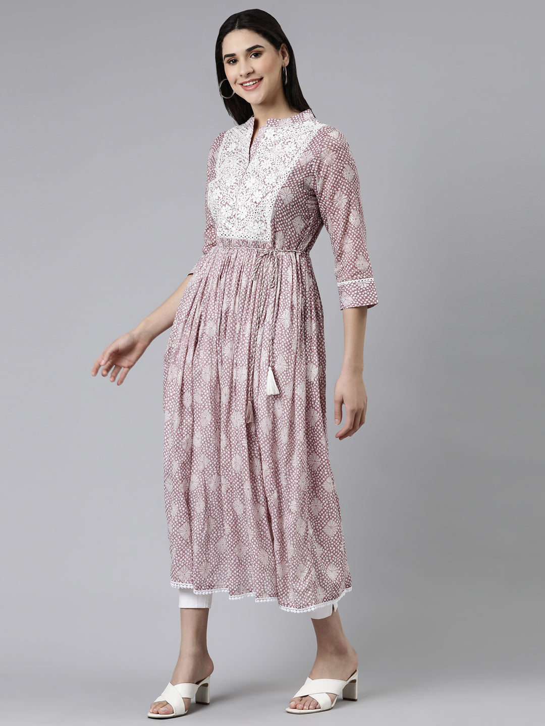 Neerus Purple cotton printed straight kurti - back view