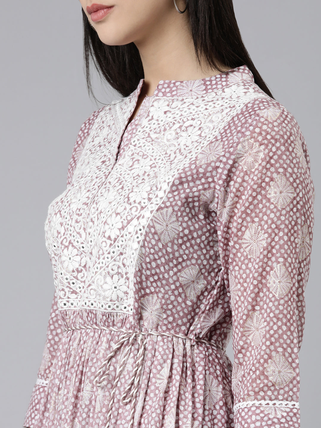 Neerus Purple cotton printed straight kurti - detail view 1