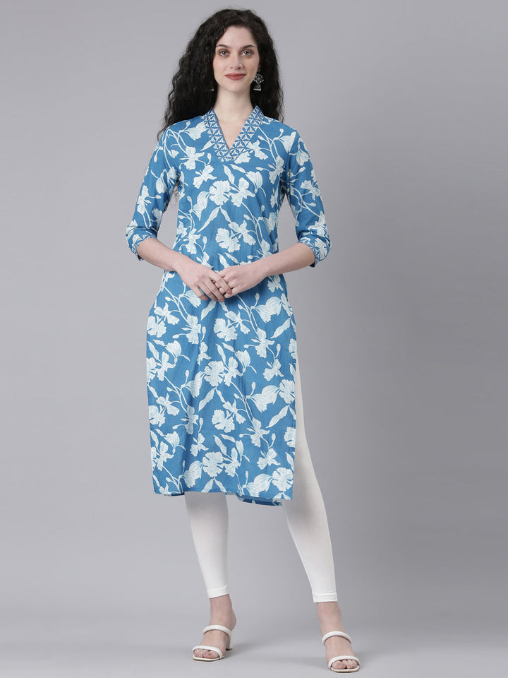 Neerus Blue Casual Floral Straight Kurtas