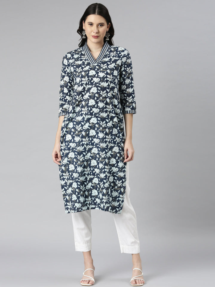 Neerus Navy Blue Casual Floral Straight Kurtas