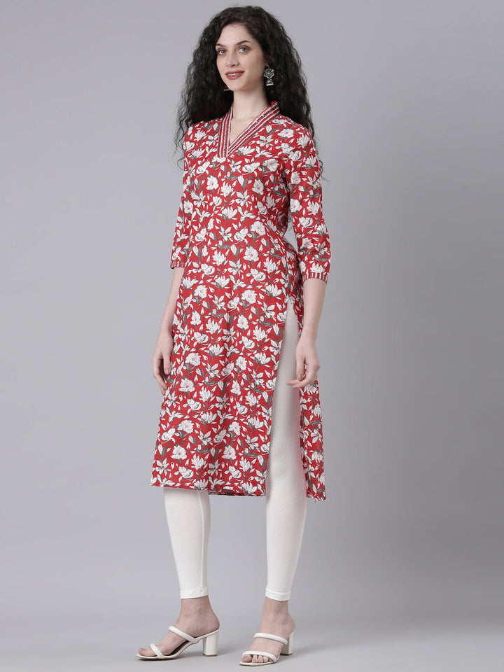 Neerus Red Casual Floral Straight Kurtas
