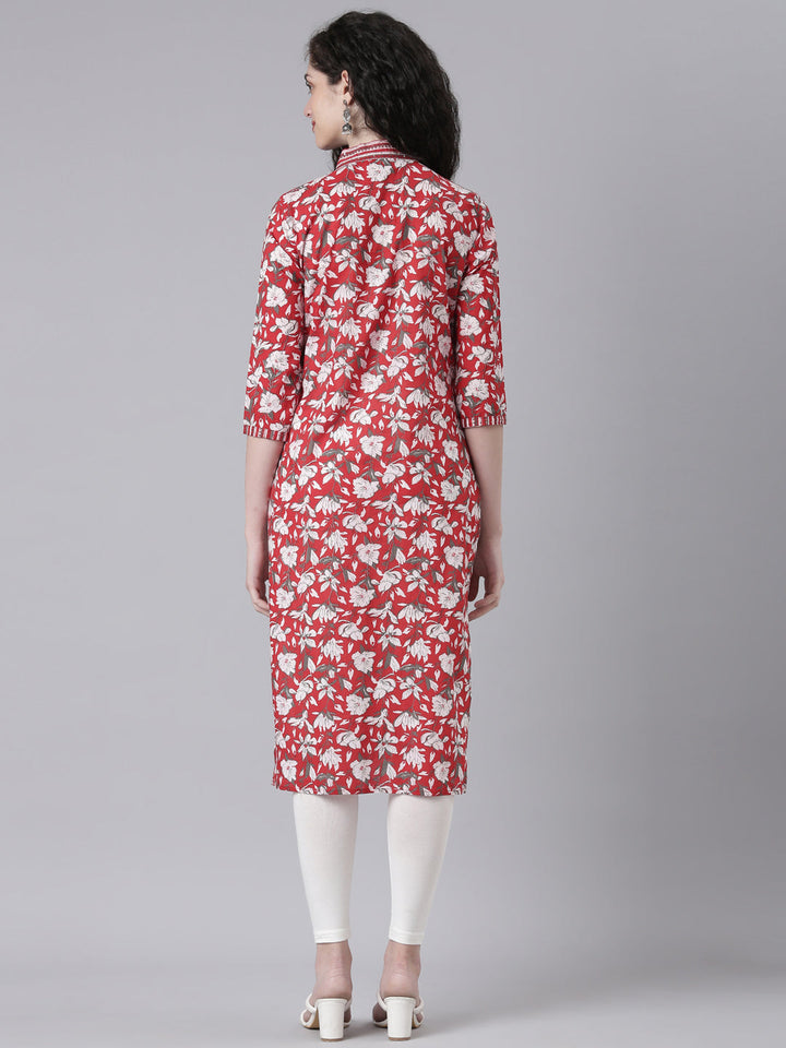 Neerus Red Casual Floral Straight Kurtas