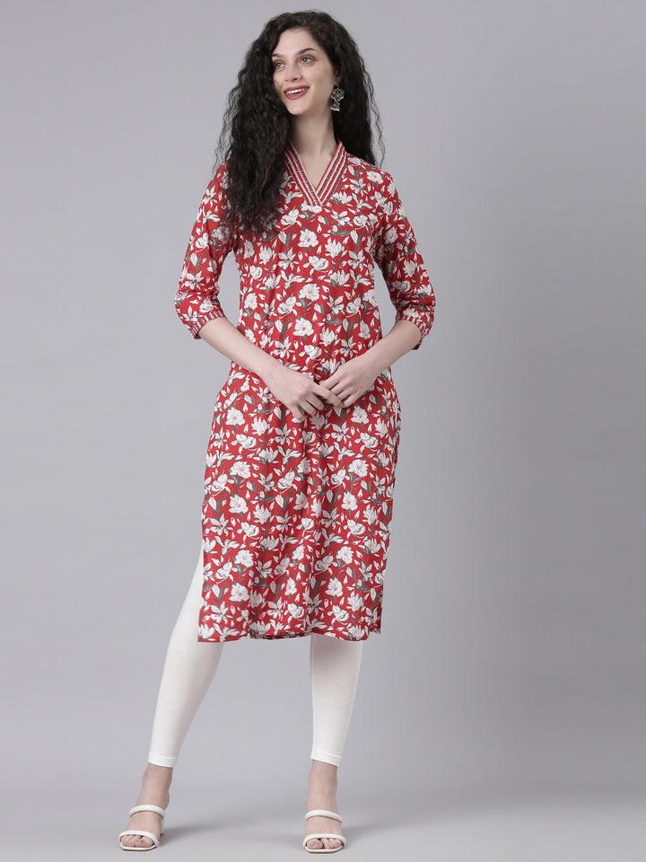 Neerus Red Casual Floral Straight Kurtas