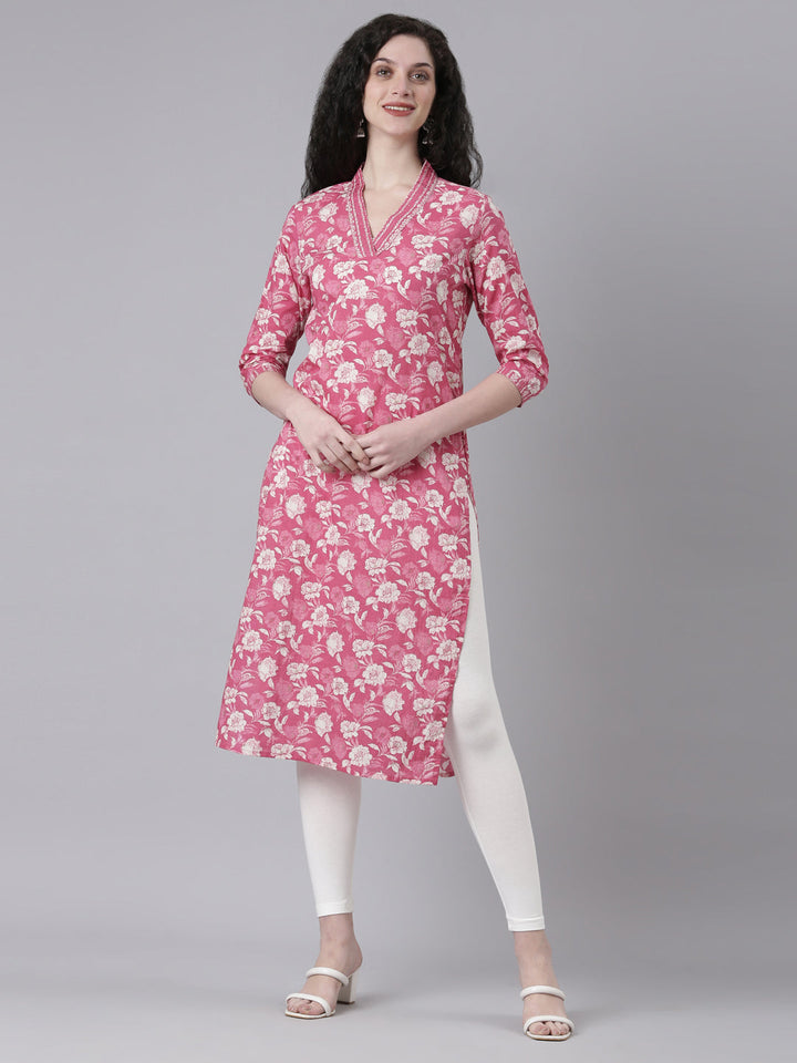Neerus Pink Casual Floral Straight Kurtas