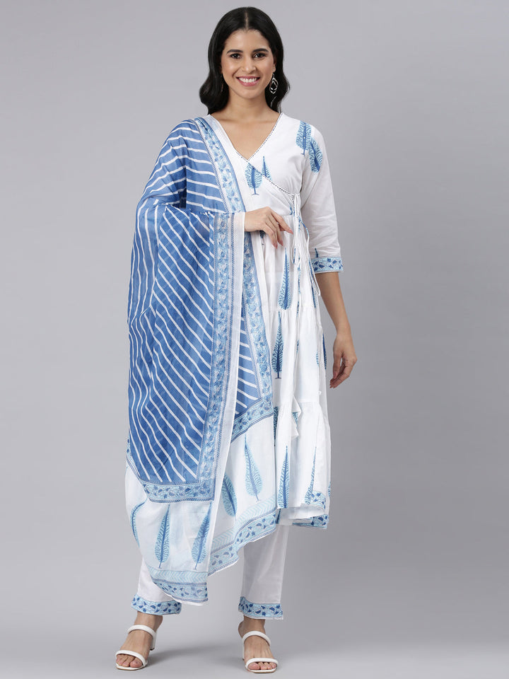 Neerus Blue Angrakha Curved Printed Kurta and Trousers With Dupatta