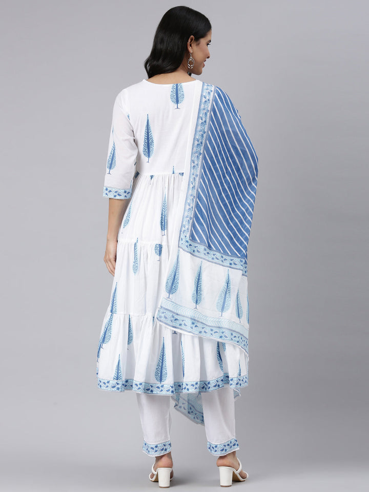 Neerus Blue Angrakha Curved Printed Kurta and Trousers With Dupatta