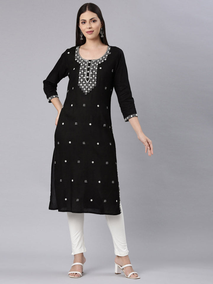 Neerus Black rayon solid straight kurta - front view