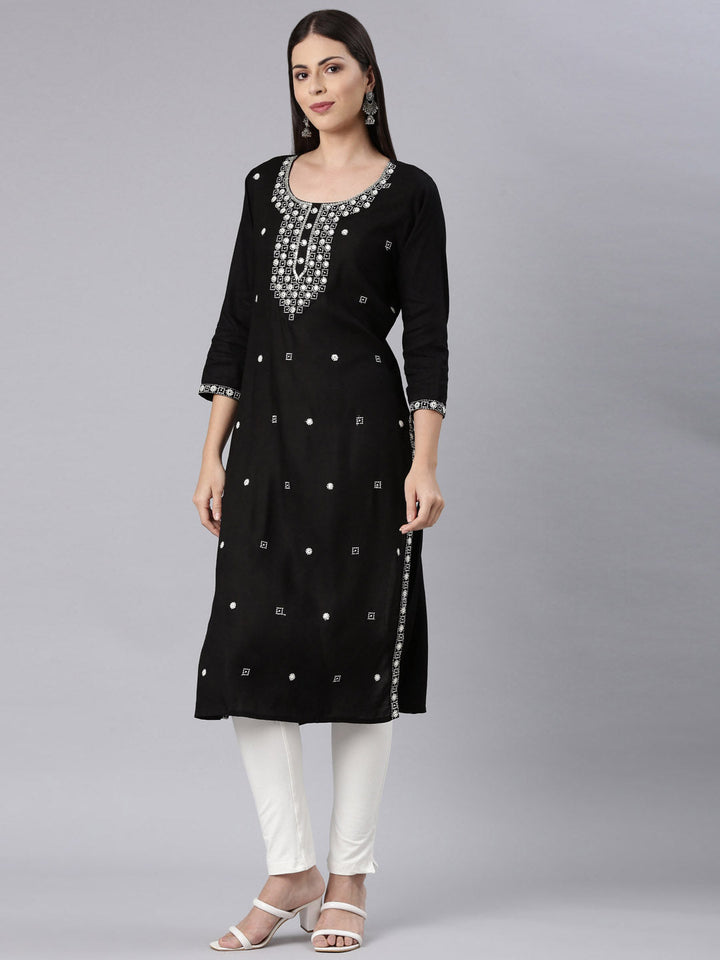 Neerus Black rayon solid straight kurta - back view