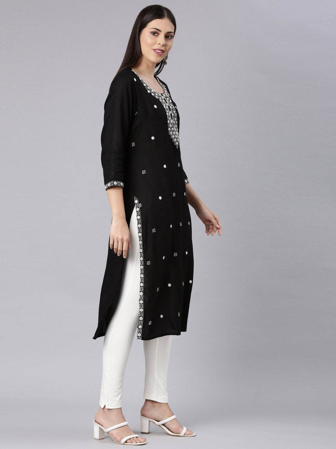 Neerus Black rayon solid straight kurta - side view