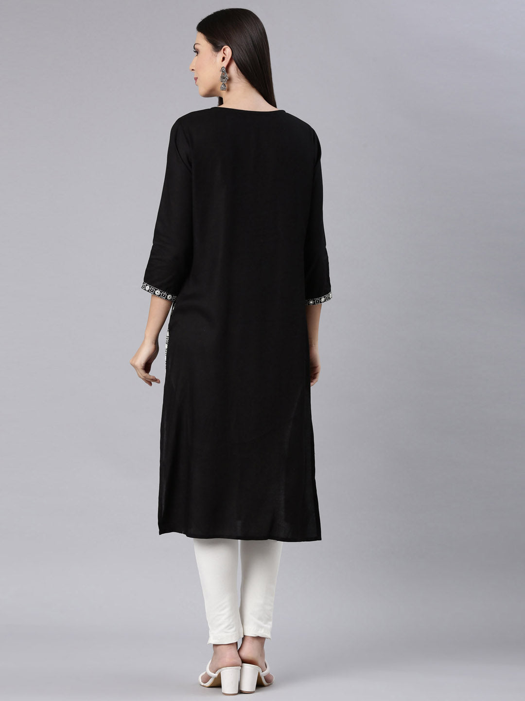 Neerus Black rayon solid straight kurta - detail view 1
