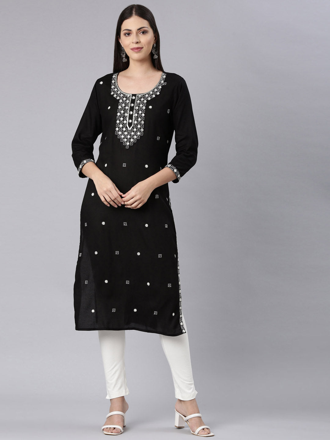 Neerus Black rayon solid straight kurta - detail view 3
