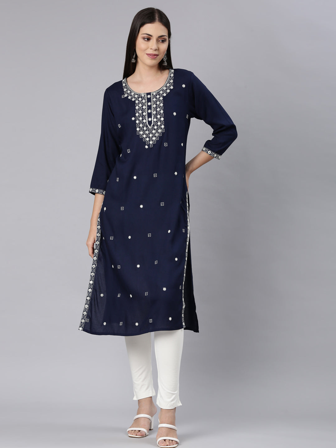 Neerus Blue Rayon Solid Straight Kurta - front view
