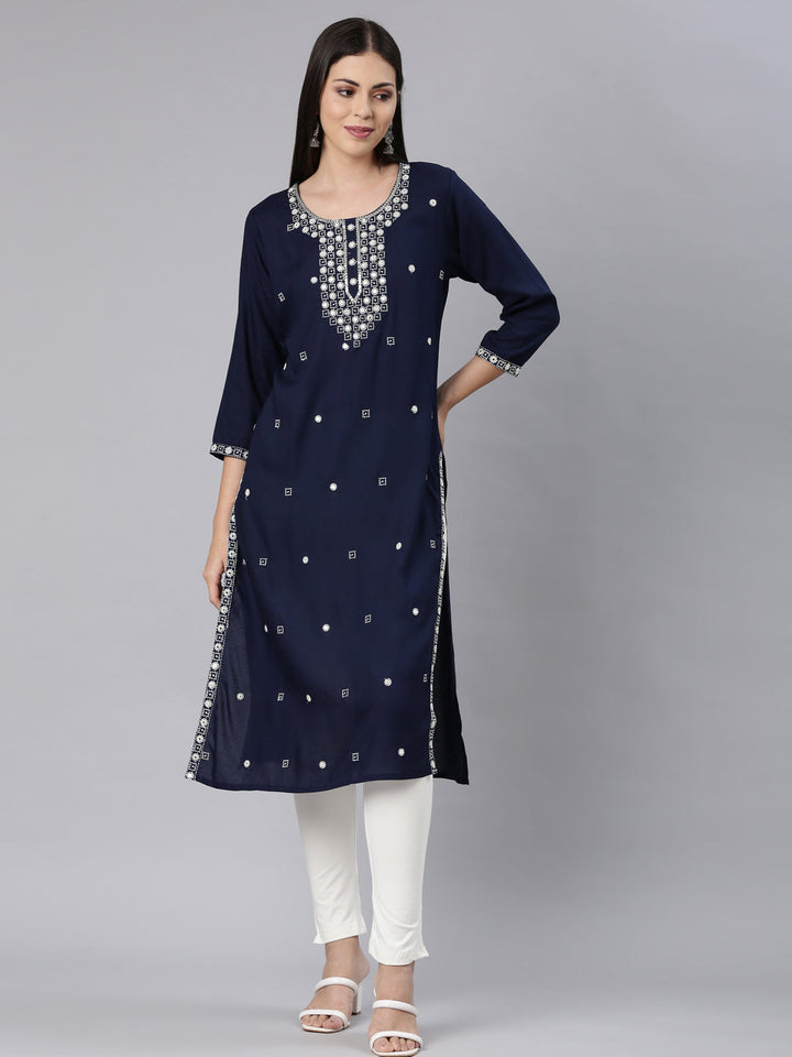 Neerus Blue Rayon Solid Straight Kurta - front view